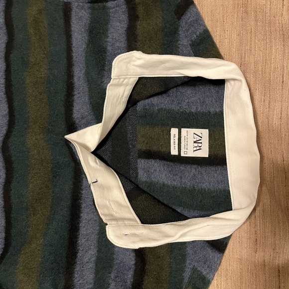 Zara Men's Medium Relaxed Long Sleeve Striped Wool Blended Polo Shirt - Picture 2 of 3